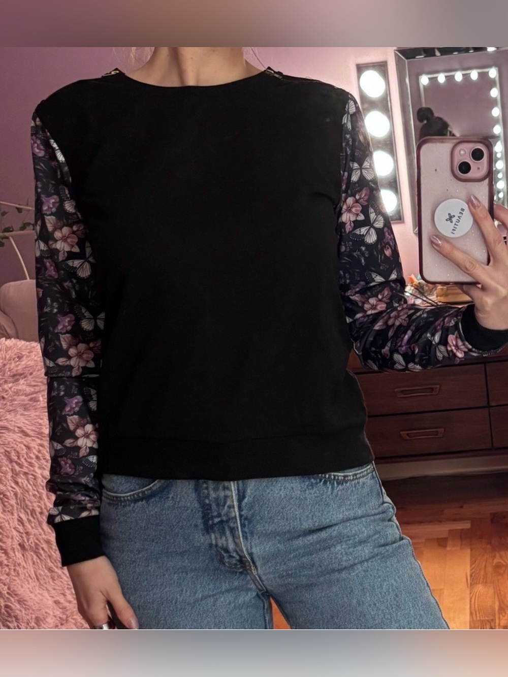 Black Crewneck Top with Floral/Butterfly Sleeves